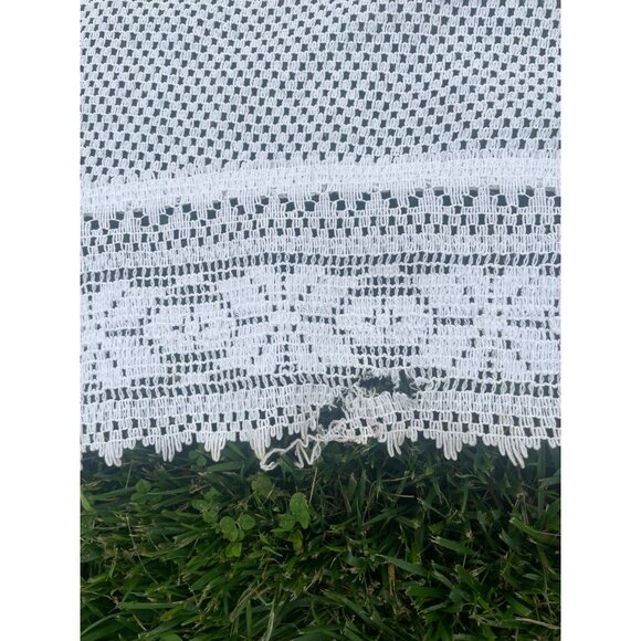 Vintage Sears Floral Lace Curtain Panels White & Blue Crochet Hearts Pattern Etc - Picture 12 of 12